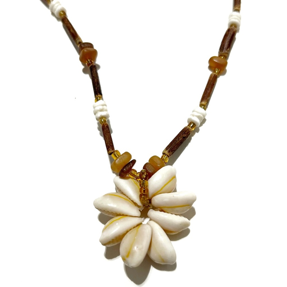 Hawaiian Cowrie Shell Flower Beaded Necklace Brown Creme Yellow Gold Beach Sea